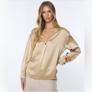 MSRP $310 VINCE 100% Silk V-Neck Ball Button Blouse size Large